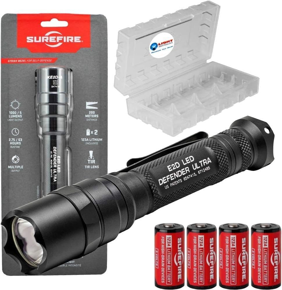 E2D Defender Ultra (E2DLU-A) 1000 Lumens Dual-Output Tactical Flashlight LED - Bundle with 4 Extra CR123A Batteries and Battery Case - Tailcap Click Switch Light, EDC Defense Flashlights
