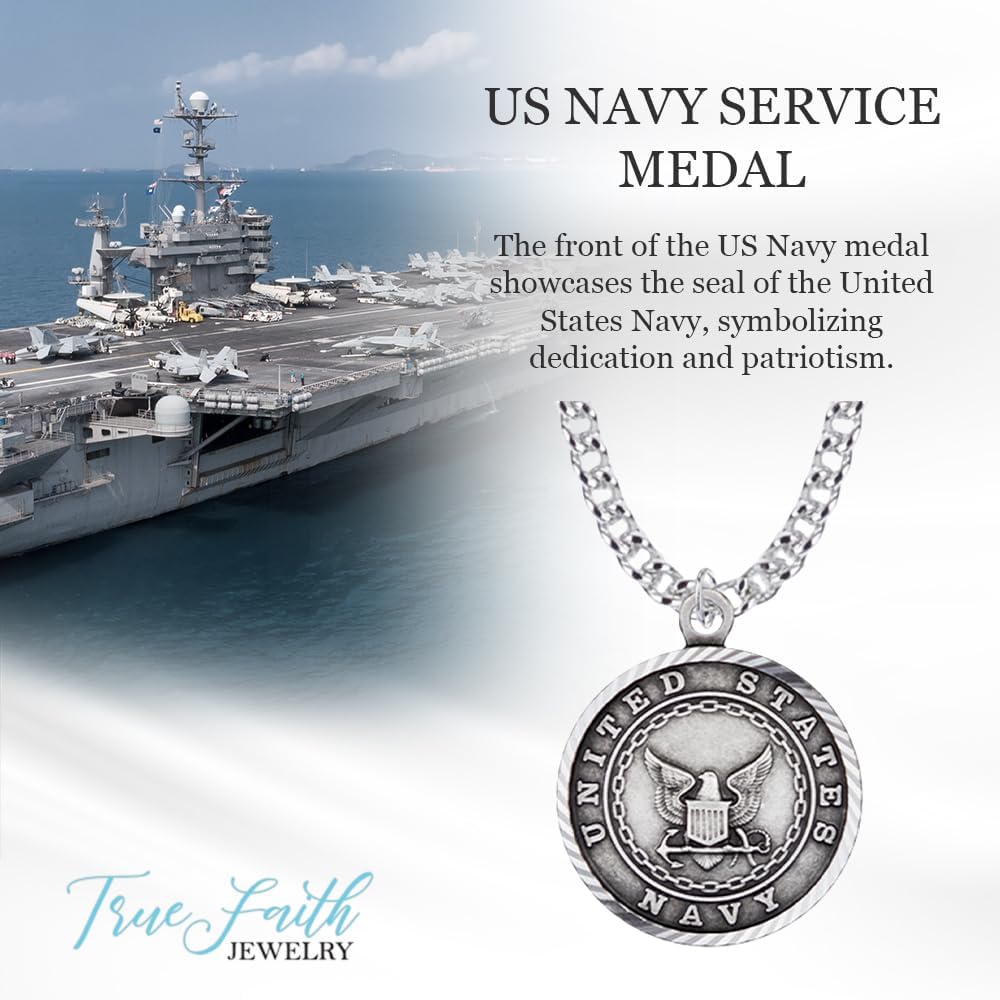 True Faith Jewelry Sterling Silver United States Navy Service Medal with St Michael Patron Saint Archangel Pendant Necklace, 3/4 Inch