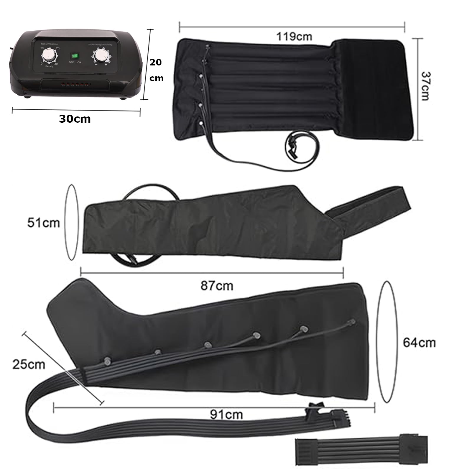 Masajeador de Presoterapia, 6 Cámaras, Botas de Compresión de Aire masajeador para Piernas y Abdomen, 30-240 mmHg Presión Ajustable (Black, 6 Cámaras)