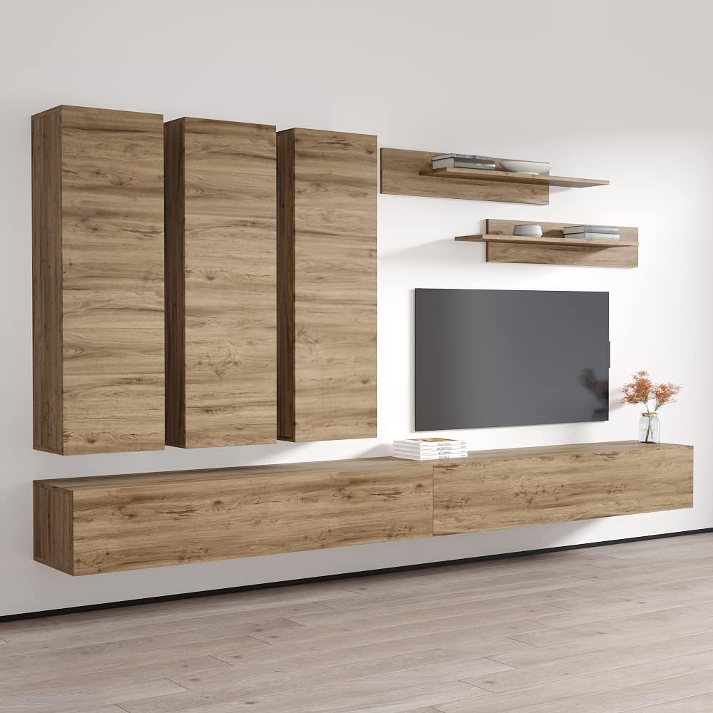 Meble Furniture Fly E1 30TV Stand Wall-Mounted Entertainment Center — Floating Design with Storage Shelves and LED Lighting — Modern High Gloss, 59.1 x 14.2 x 15.7 inches — Oak