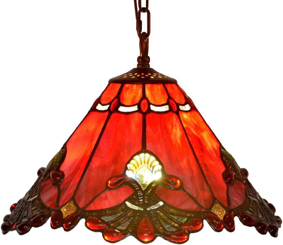 Bieye L10719 Baroque Tiffany Style Stained Glass Ceiling Pendant Light Fixture with 13 Inch Wide Handmade Shade (Red)