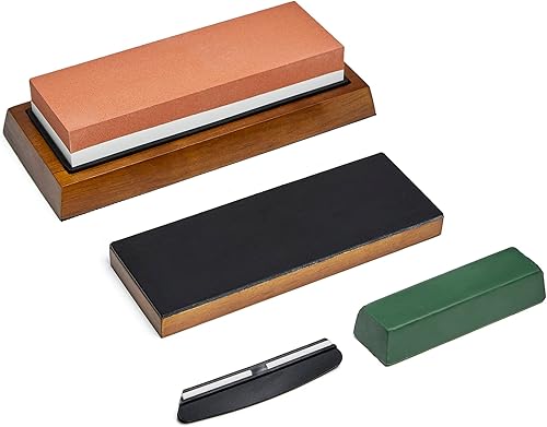 Jeereal Kit de afilado de cuchillos piedra de afilar de grano dual 240800 afilador de cuchillos Strop-Wasabi de cuero sólido con base de madera