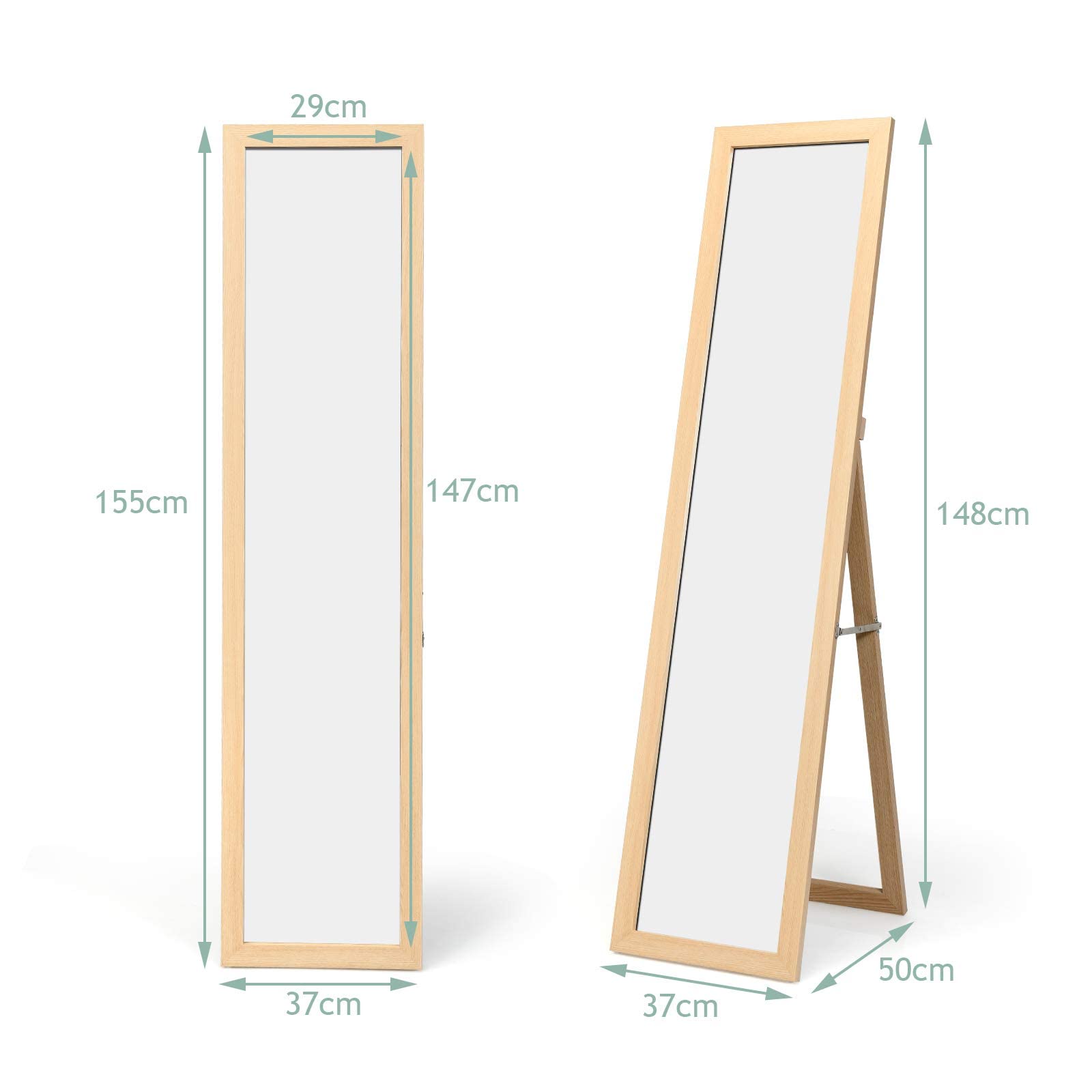 RELAX4LIFE Specchio a Figura Intera 2 in 1, da Terra e da Parete in Legno con Cornice Rettangolare, Inclinato da Pavimento, per Camera da Letto, Soggiorno e Ufficio (naturale)