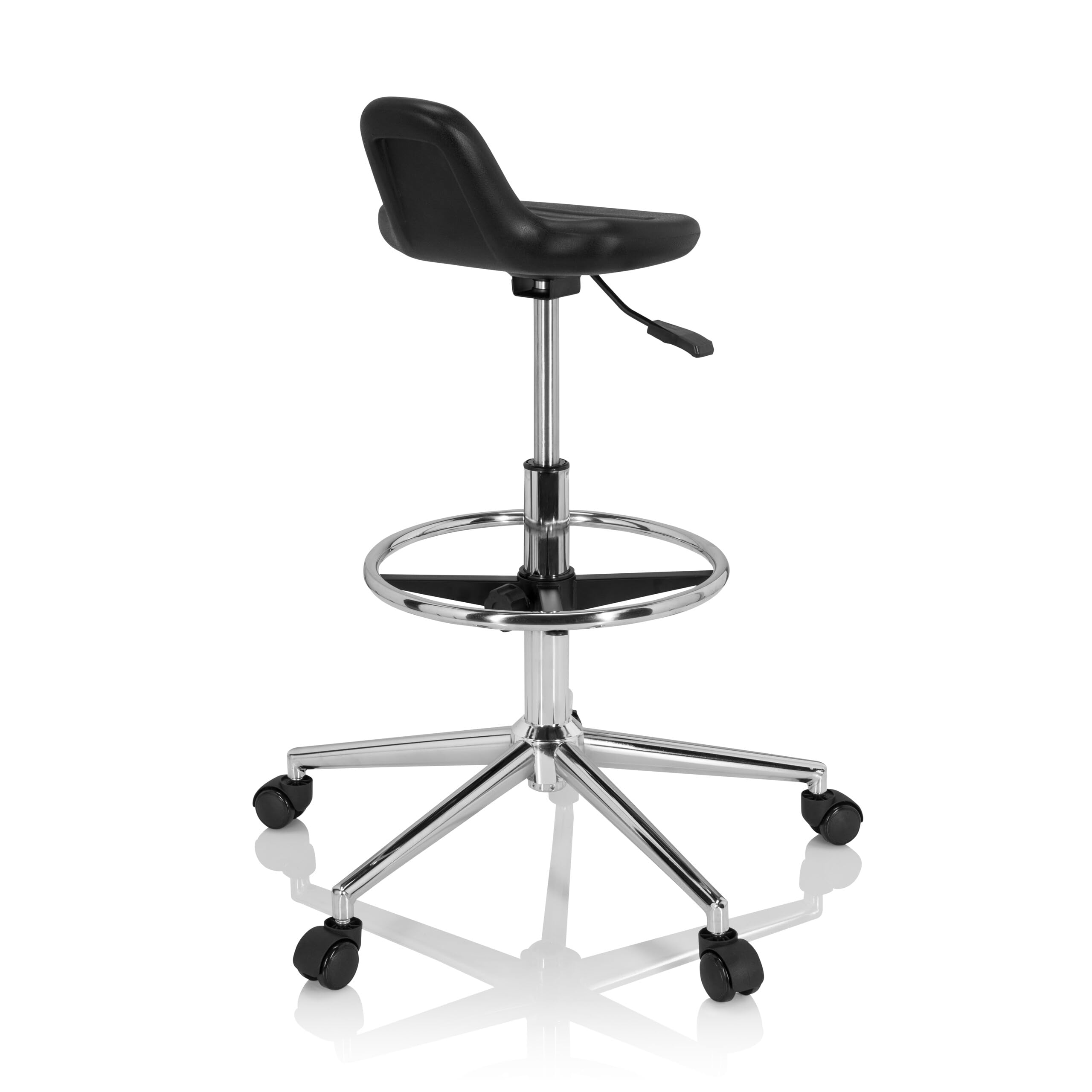 hjh OFFICE 830099 Arbeitshocker hoch TOP Work 03 I PU-Hartschaum Schwarz Drehhocker mit Rollen & Gleiter, höhenverstellbar