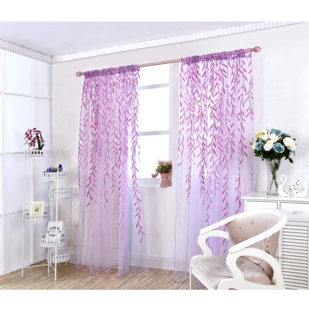 WINOMO Salix Foglia Modello Della Finestra Salice Pannelli Della Finestra Tende Tende Pura Voile Tulle per Soggiorno Camera Da Letto Balcone 106X39 Pollici (1 pz, Viola)