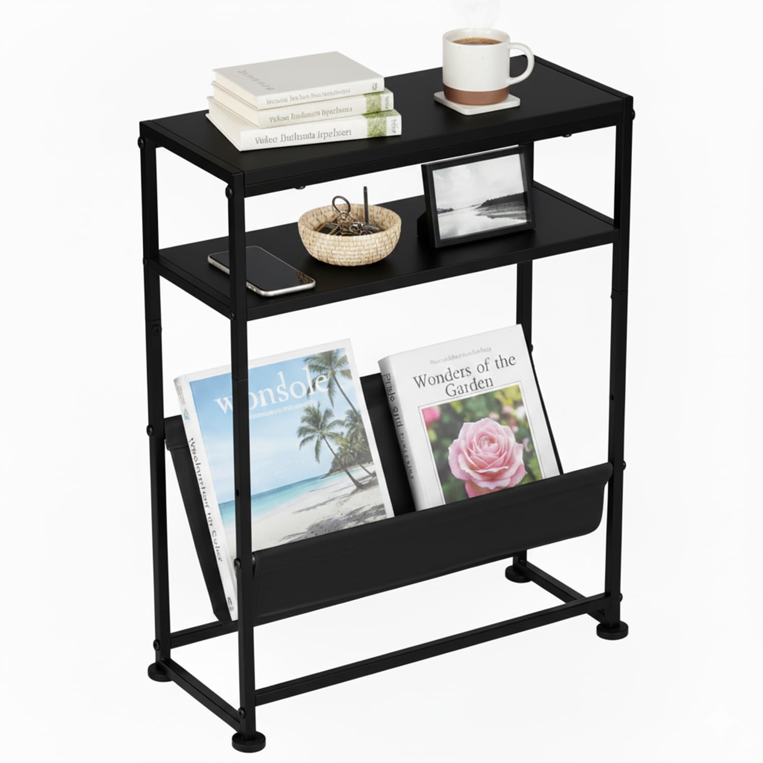 ZEXVIDA Narrow End Table for Small Spaces - Slim Side Table with Magazine Holder,2 in 1 Design Narrow End Table Living Room,Skinny Bedroom Nightstand Thin Side Magazine Table (Black)