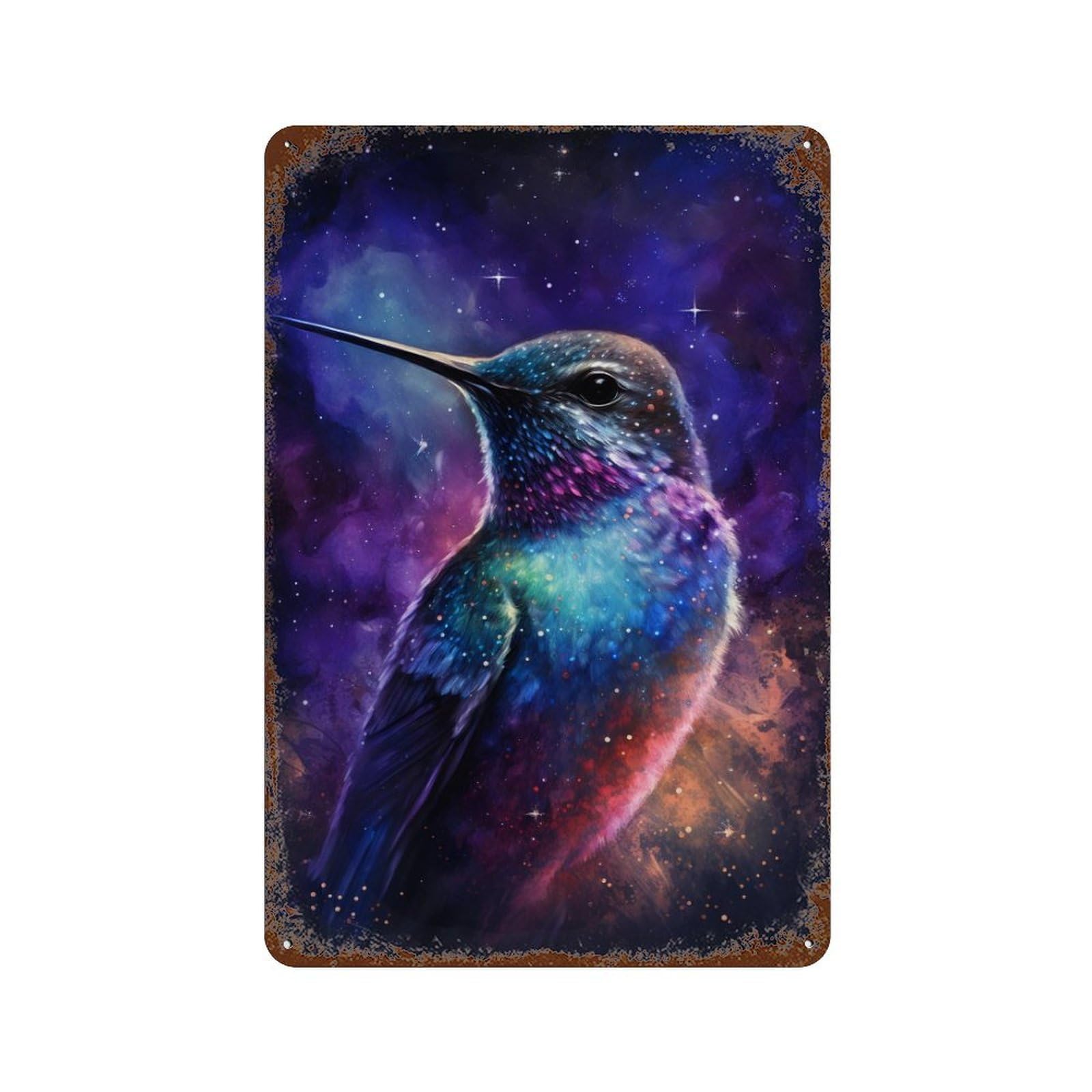 Garage Style Cosmic Hummingbird Art Print Decorative Tin Sign 11.8"x7.9", Shabby Chic Decor for Bar And Workshop