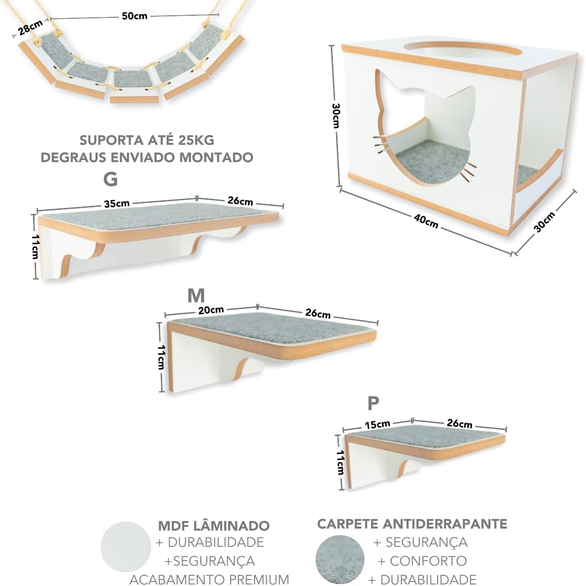 Playground para gatos com 9peças Premium com Prateleiras Nichos Já Montados (BRANCO)