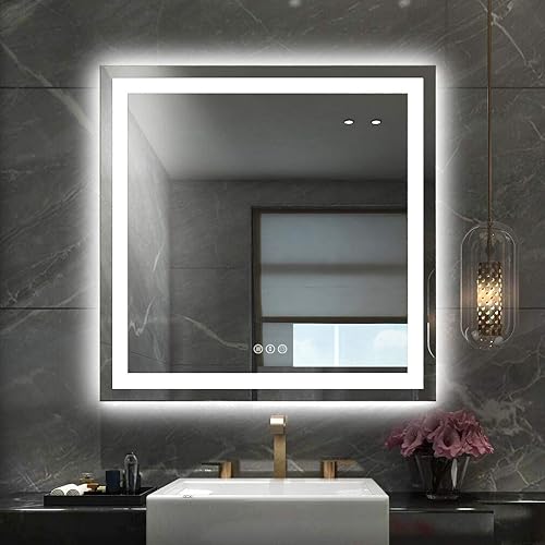 Miniatura 1 de Amorho - Espejo de pared para tocador de baño de 36 x 36 pulgadas con luz LED doble delanteratrasera regulable con antiempañamiento memoria