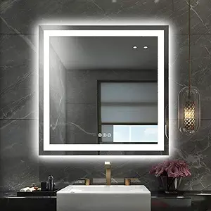 Amorho LED Bathroom Mirror 36"x 36" with Front and Backlight, Stepless Dimmable Wall Mirrors with Anti-Fog, Shatter-Proof, Memory, 3 Colors, Double LED Vanity Mirror