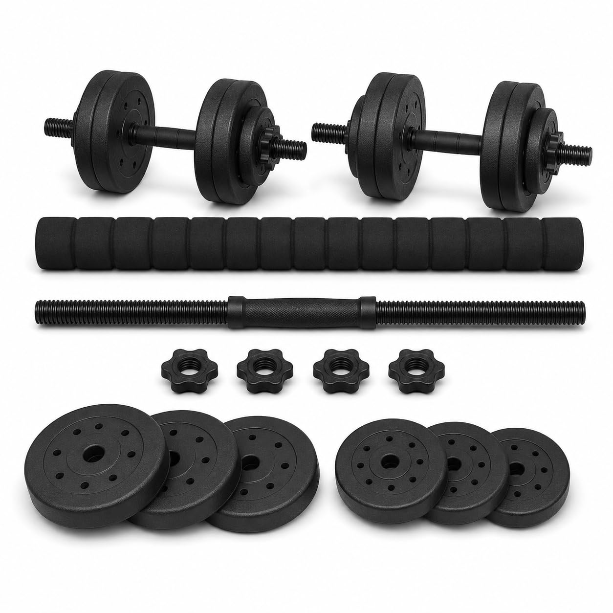 Adjustable Dumbbell & Barbell Weight Set with Connecting Rod, Cement-Filled Plates and Spinlock Collars for Home Gym Strength Training, 10-50kg Options