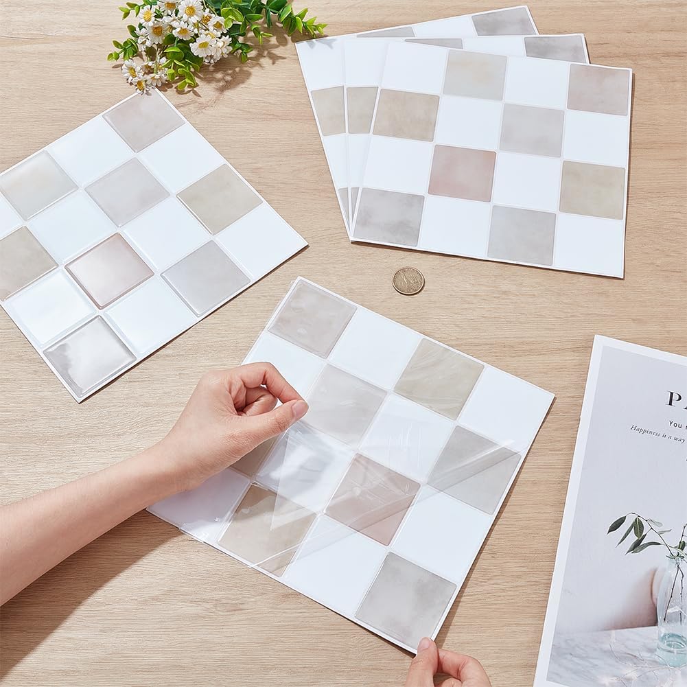 AHANDMAKER 10 Sheets 9x9 in Peel and Stick Backsplash Tile 3D Self Adhesive Waterproof Wall Tiles for Kitchen Bathroom Fireplace Backsplash Wall Update Decor, Camel Color