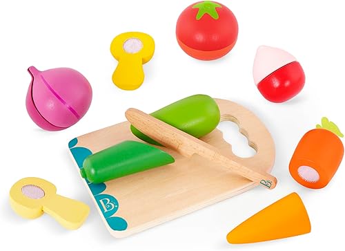 Miniatura 1 de B. toys - Chop 'n' Play - Vegetales - Juego de comida de juego de simulación - 6 verduras de juguete de madera para cortar - Comida de juego con