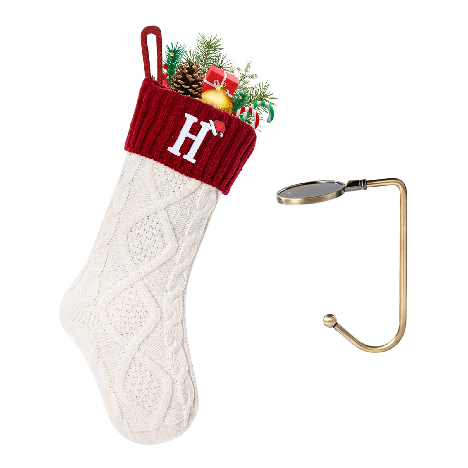 VRFASHION Christmas Stockings with Initials,Embroidered Xmas Stockings,18" Large Monogram Knitted Xmas Stocking,Christmas Party Fireplace Family Hanging Stocking Decorations 1Pcs White-Red Letter H