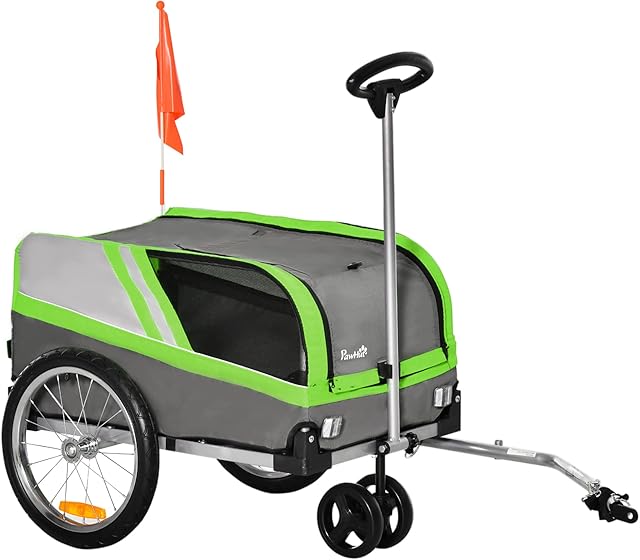 PawHut Dog Bike Trailer 2-in-1 Trolley Stroller Cart Bicycle Carrier for Cat Puppy Travel w/ Reflectors Hitch Coupler Red Flag  Green