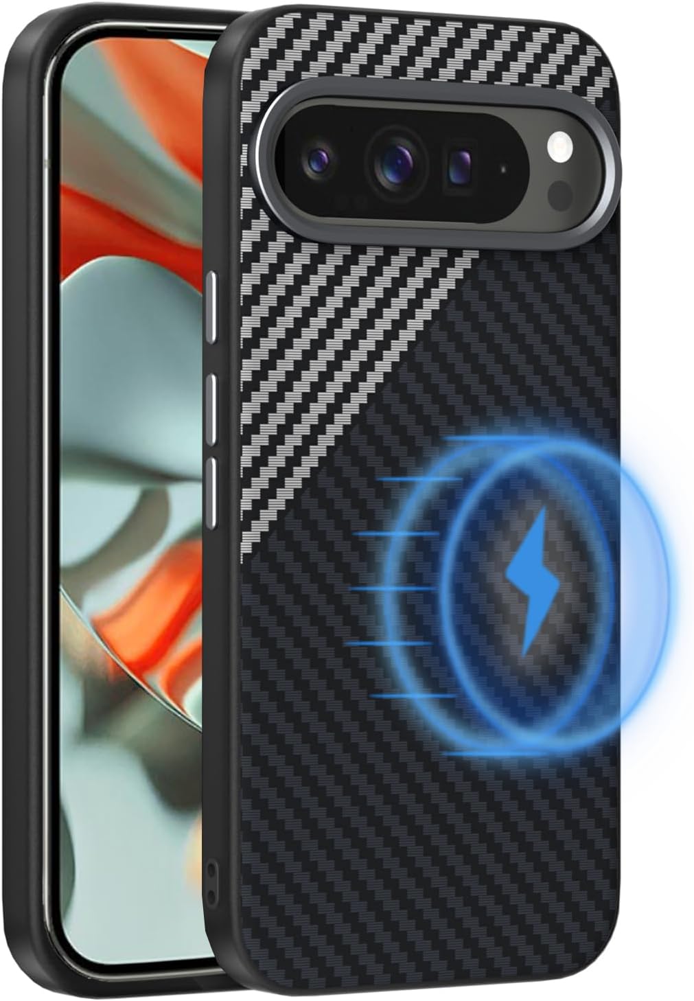 Magnetic Carbon Fiber Case for Google Pixel 9 Pro/Pixel 9 Compatible with MagSafe, Slim & Ultra Thin Aramid Fiber Anti-Scratch Military-Grade & Metal Camera Shockproof Case, Black&Silver Black&Silver Google Pixel 9 Pro/Pixel 9