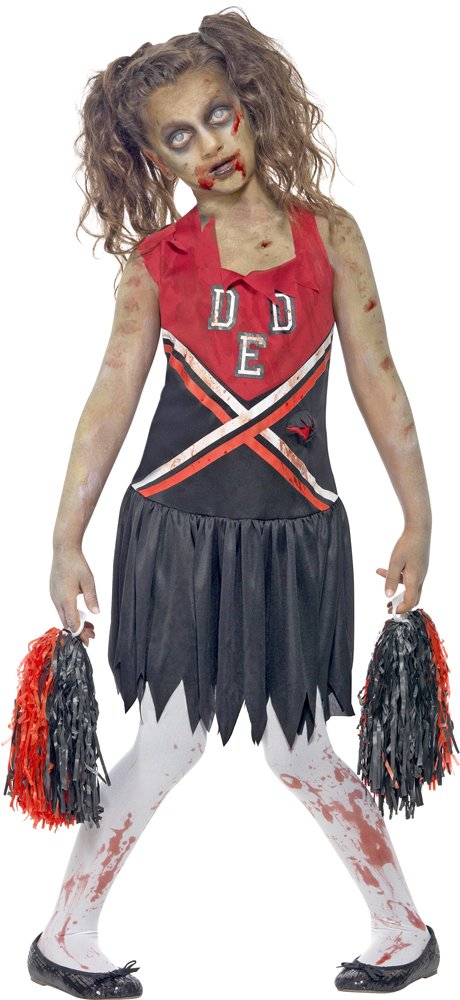 Zombie Cheerleader Costume, Red & Black, with Blood Stained Dress & Pom Poms, (L)