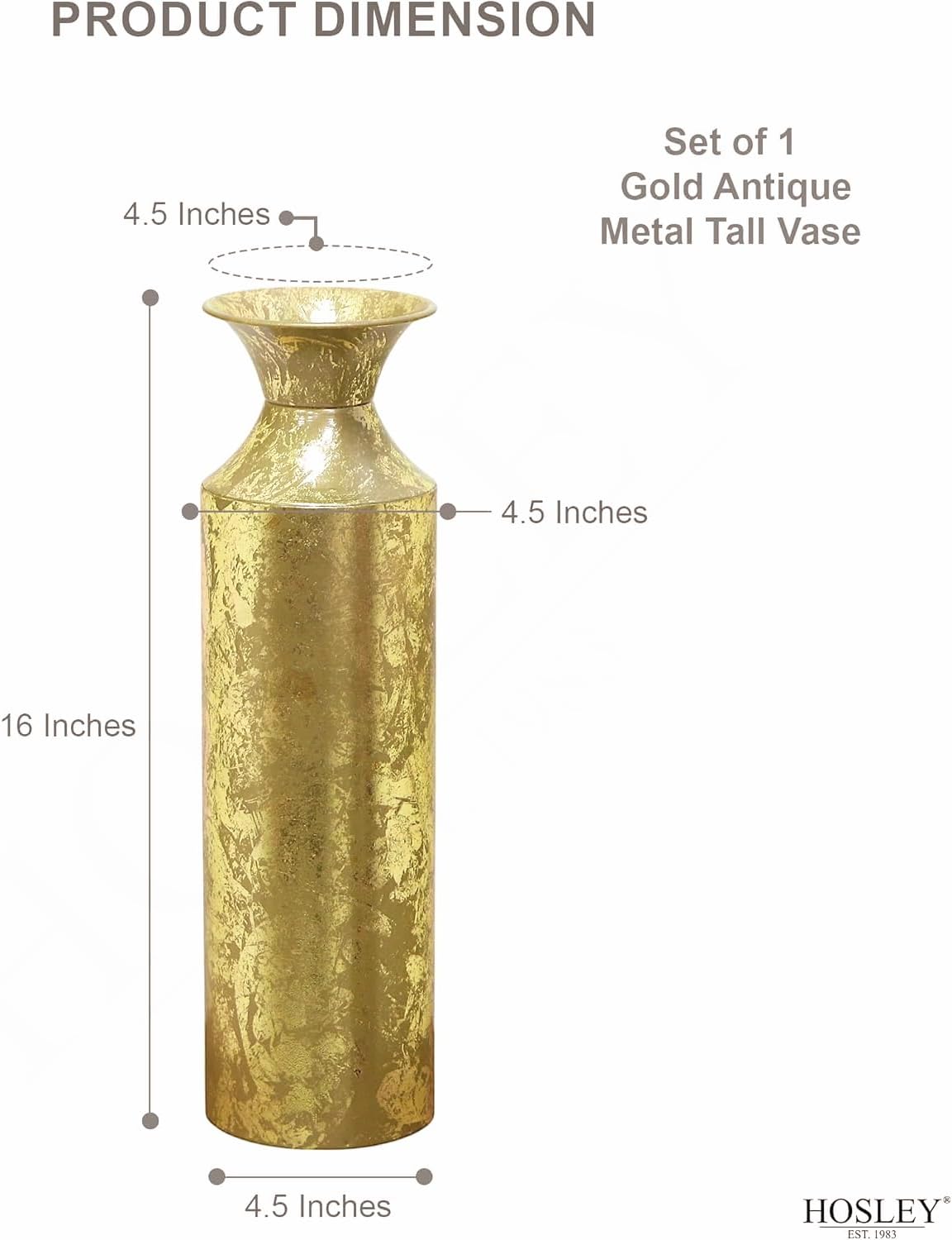 Hosley 16" High Gold Metal Decorative Tall Floor Vase - Metallic Centerpiece Vases for Floral Arrangements Home Decoration - Flower Bucket Vases for Gift, Spa, Reiki Meditation Settings O5 - Set of 1