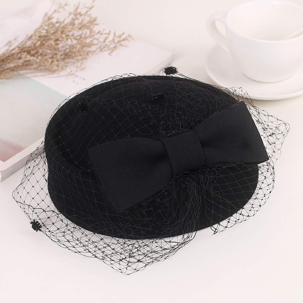 Z&X British Vintage Wool Felt Pillbox Hat Ladies Church Derby Winter Fascinator Hat Veil Flower Fedoras - Image 6