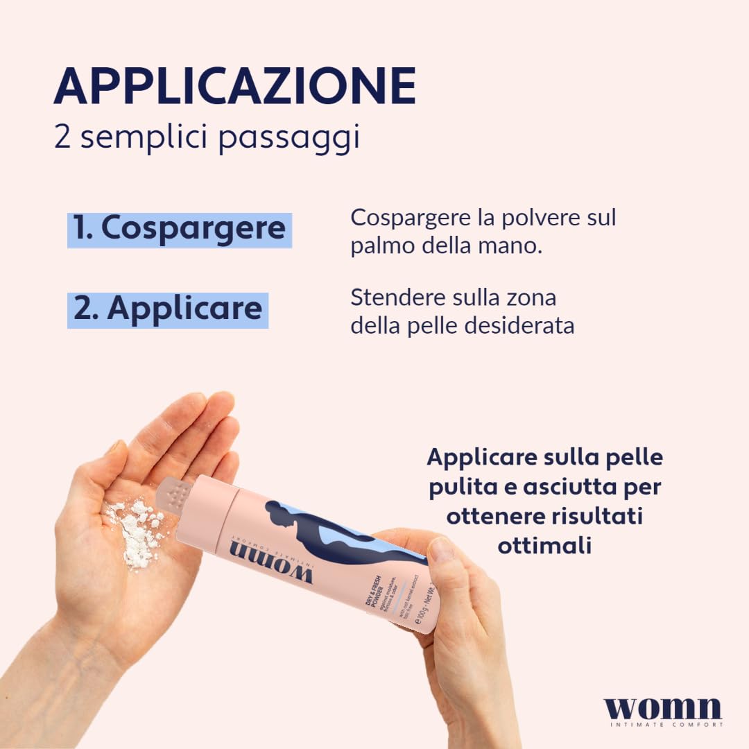 womn Dry & Fresh Powder 100 g – Polvere Corpo Senza Talco per Zona Intima, Inguine e Sotto il Seno – Assorbe il Sudore, Riduce Sfregamenti e Odori
