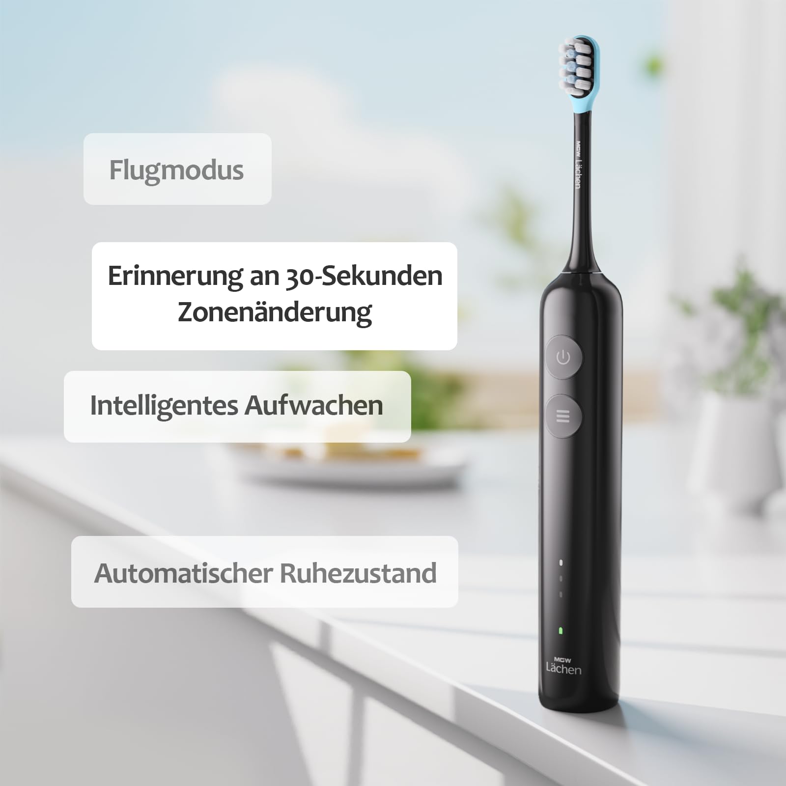 Wave Cepillo de dientes eléctrico MGW Lächen Serie Silencioso Oscilación y Vibración Cepillo de dientes eléctrico sónico con 4 cabezales de cepillo, 3 modos y 3 intensidades de vibración con bolsa de