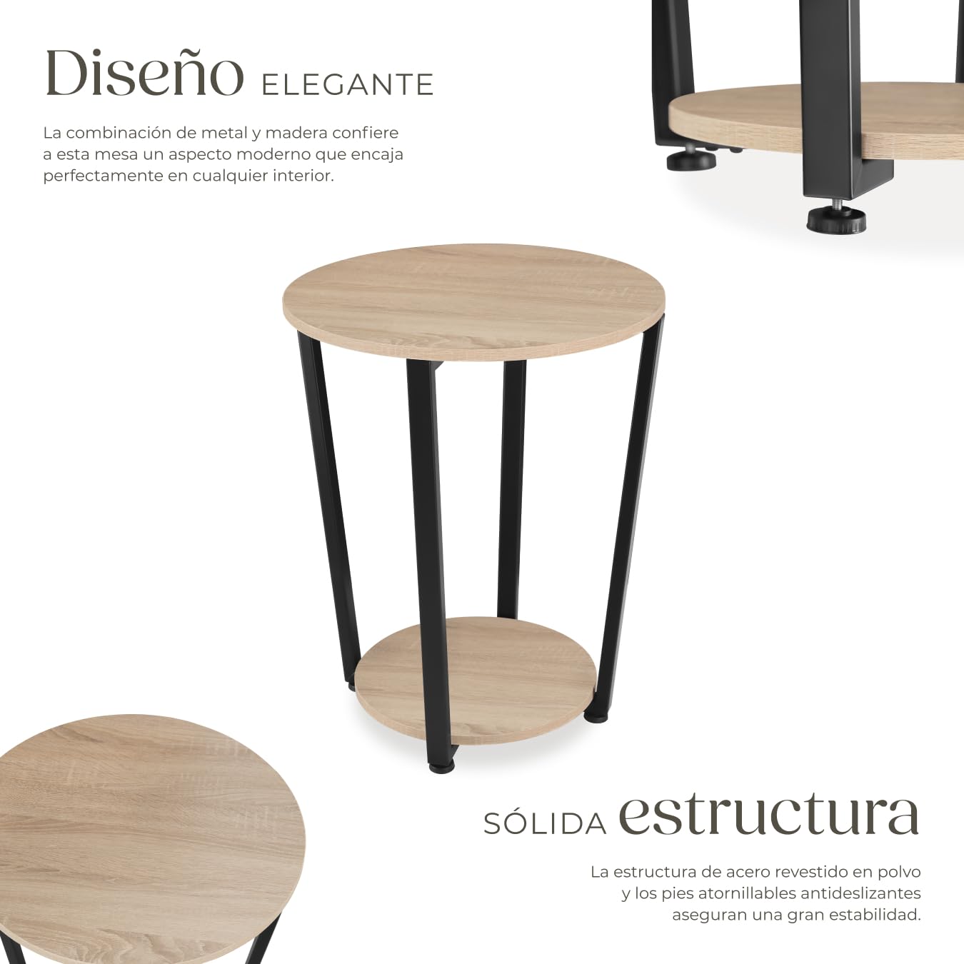 tectake® Mesa Auxiliar Redonda con Pies Ajustables, para Salon cómo Mesa de Centro o Dormitorio cómo Mesitas de Noche, Decoracion Hogar - 50 x 50 x 62,5 cm Madera Industrial Clara, Roble Sonoma