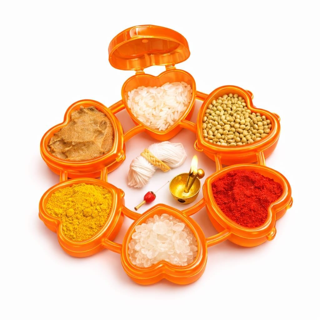 Plastic Pooja Dani Set with Free Ashtagandha Chandan | Kumkum Haldi Chawal Sindoor Holder for Mandir, Diwali & Festivals (Orange)-image-49