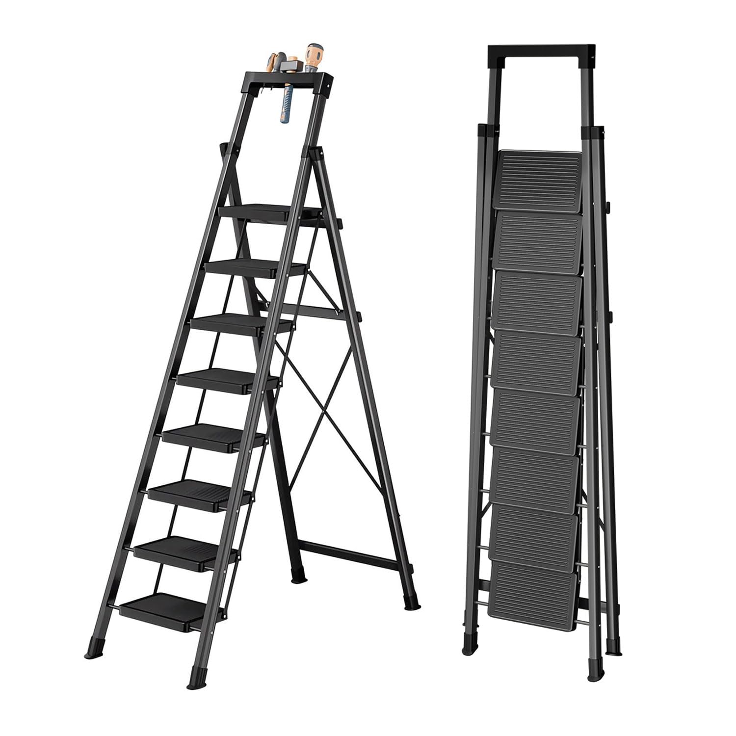 8 Step Ladder with Platform,Heavy Duty Folding Step Stool No Assembly