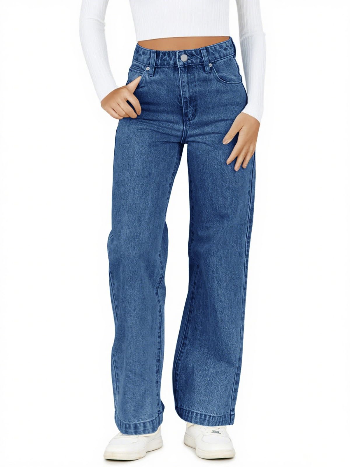 Haloumoning Jeans de cintura elástica para niña, pierna recta, pantalones largos elásticos casuales con bolsillos, 5-14 años