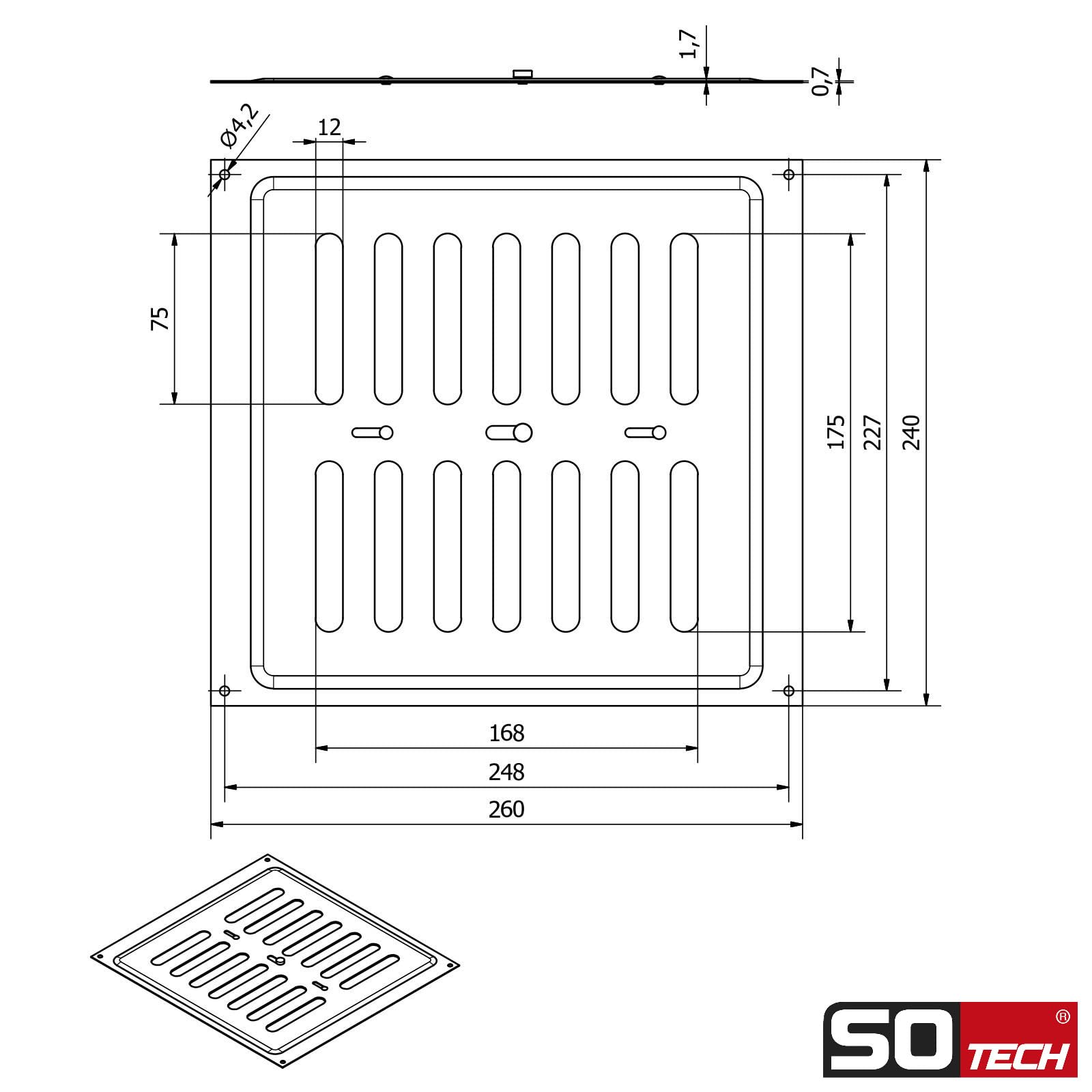 SOTECH Rejilla de ventilación cerrable de acero inoxidable SS304 (260 x 240 mm) Rejilla de ventilación con perforaciones ovaladas para atornillar con cierre deslizante