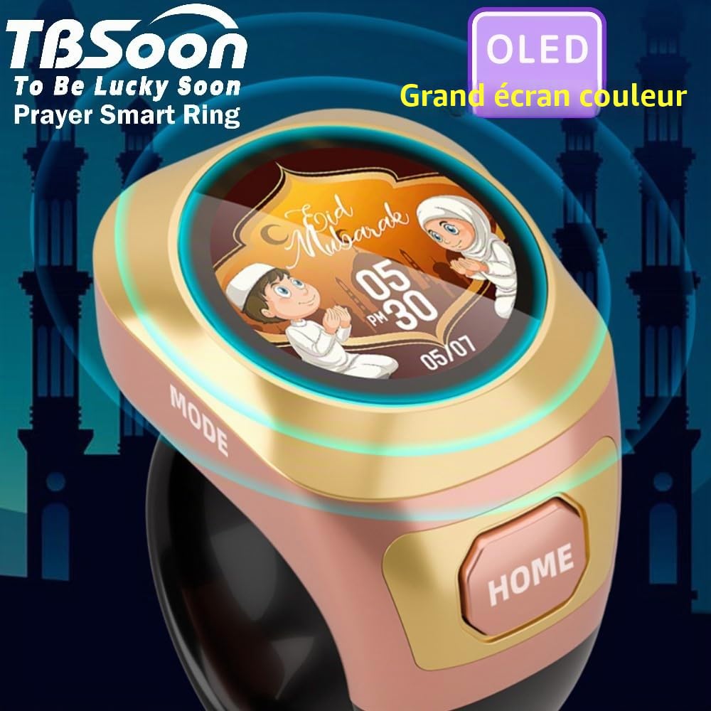 Bague connectée TBSoon avec écran couleur,compteur de chapelet,bague de prière,images interchangeables,chapelet électronique,de pardon,cadeau pour l'Aïd el-Fitr l'Aïd el-Adha et le Ramadan