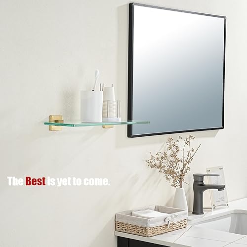 Miniatura 4 de JQK Estante de vidrio para baño, almacenamiento flotante de vidrio templado para ducha, 16 x 5 pulgadas, montaje de pared dorado cepillado de acero