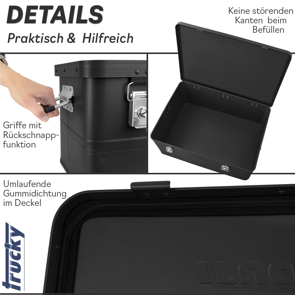 Caisse en aluminium avec couvercle au choix - Noir - Caisse de transport en métal - Boîte de rangement verrouillable - Trucky - Boîte 5 : 79 x 55 x 37 cm / 135 l