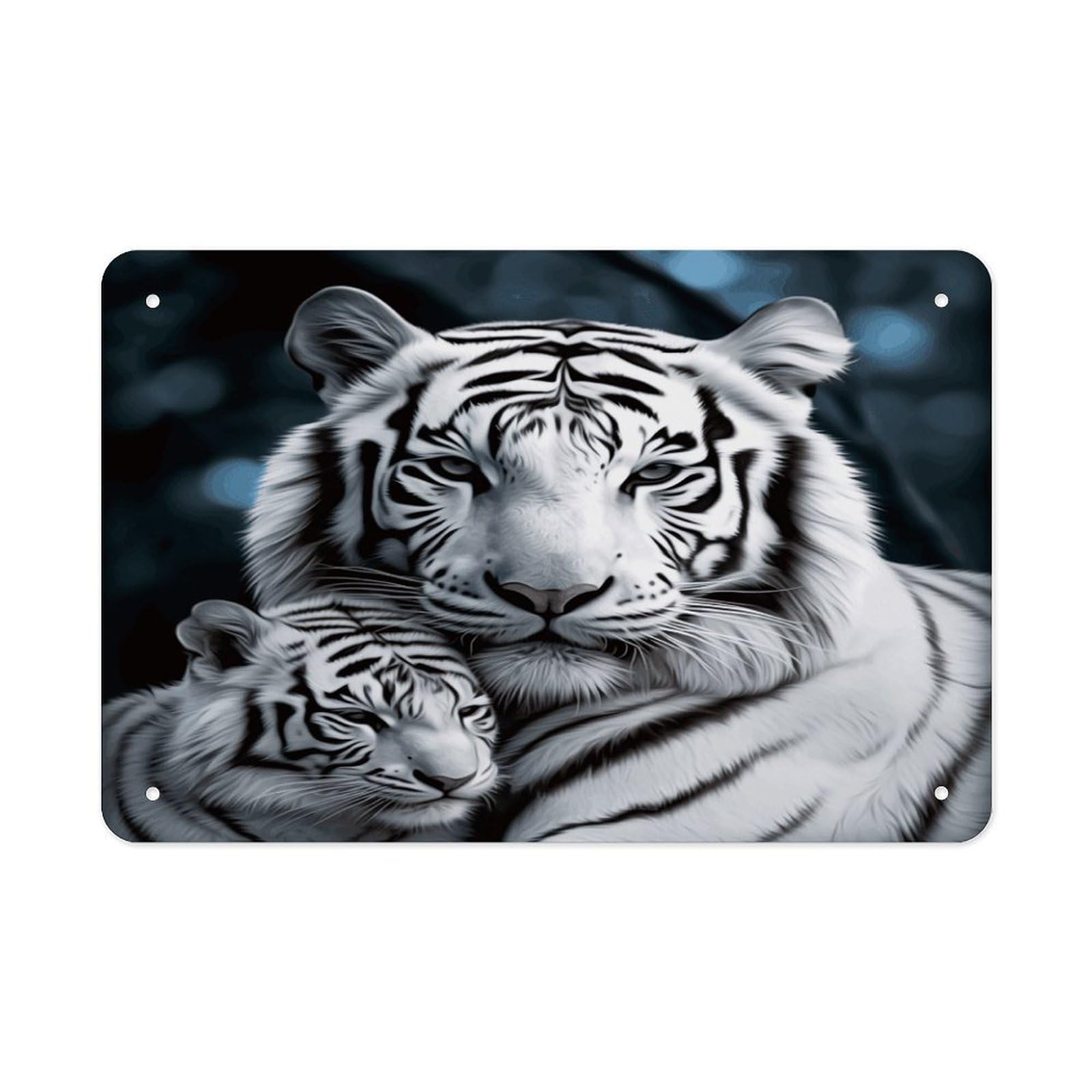 White Tiger Metal Tin Sign 12"x8" Wall Art Prints Poster Decorative Picture Metal Signboard Decor Painting Folded Edge Iron Sheet Painting with Holes for Wall Decor
