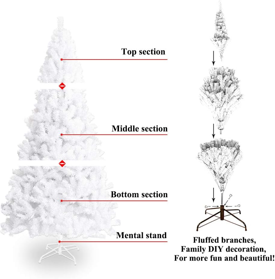 C-CHAIN 7FT Unlit White Artificial Christmas Tree w/950 Branches, Premium Pine Xmas Tree with Metal Stand Easy Assembly, Perfect for Indoor Holiday Decoration(White, 7ft)