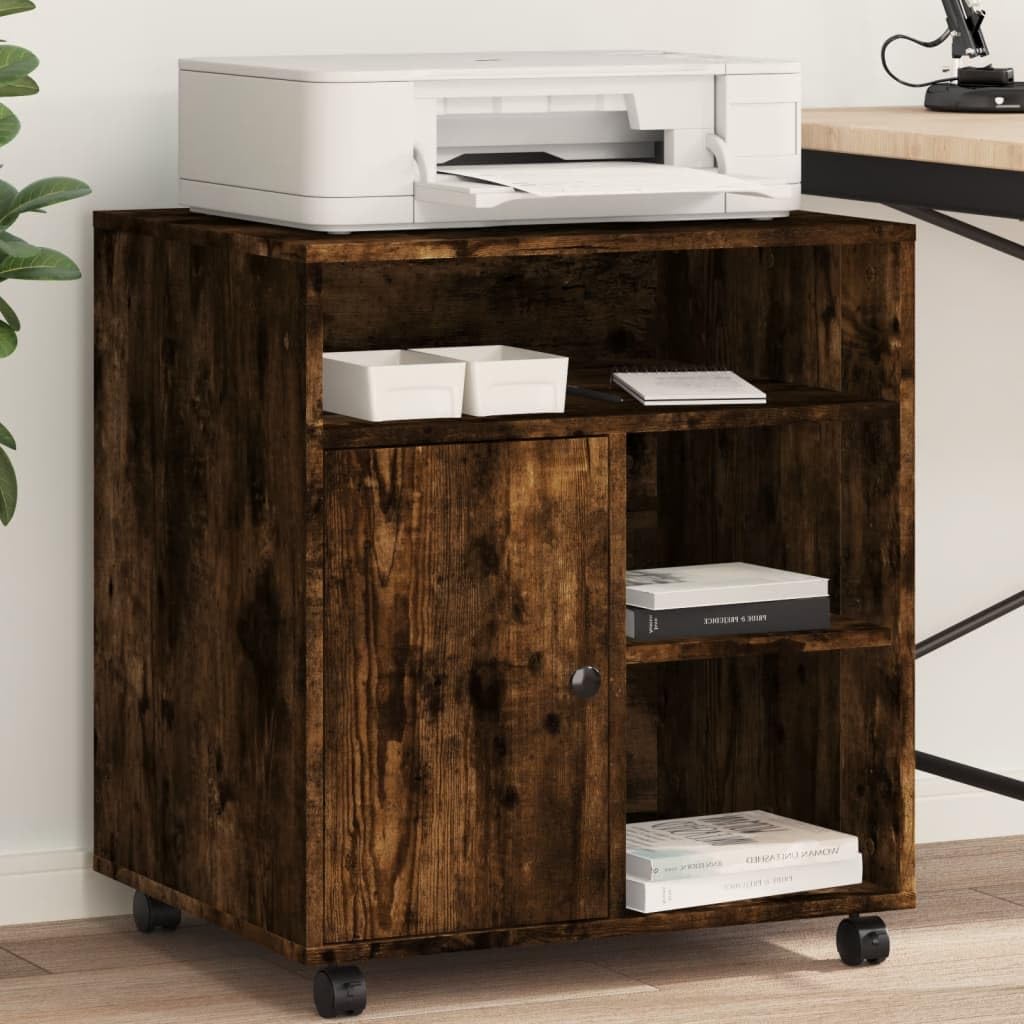 Druckerständer mit Rollen Räuchereiche 60x50x67 cm, Druckerwagen mit Rollen für Büro und Arbeitszimmer, Druckerregal mit viel Stauraum für Akten und Bücher, 2 arretierbare