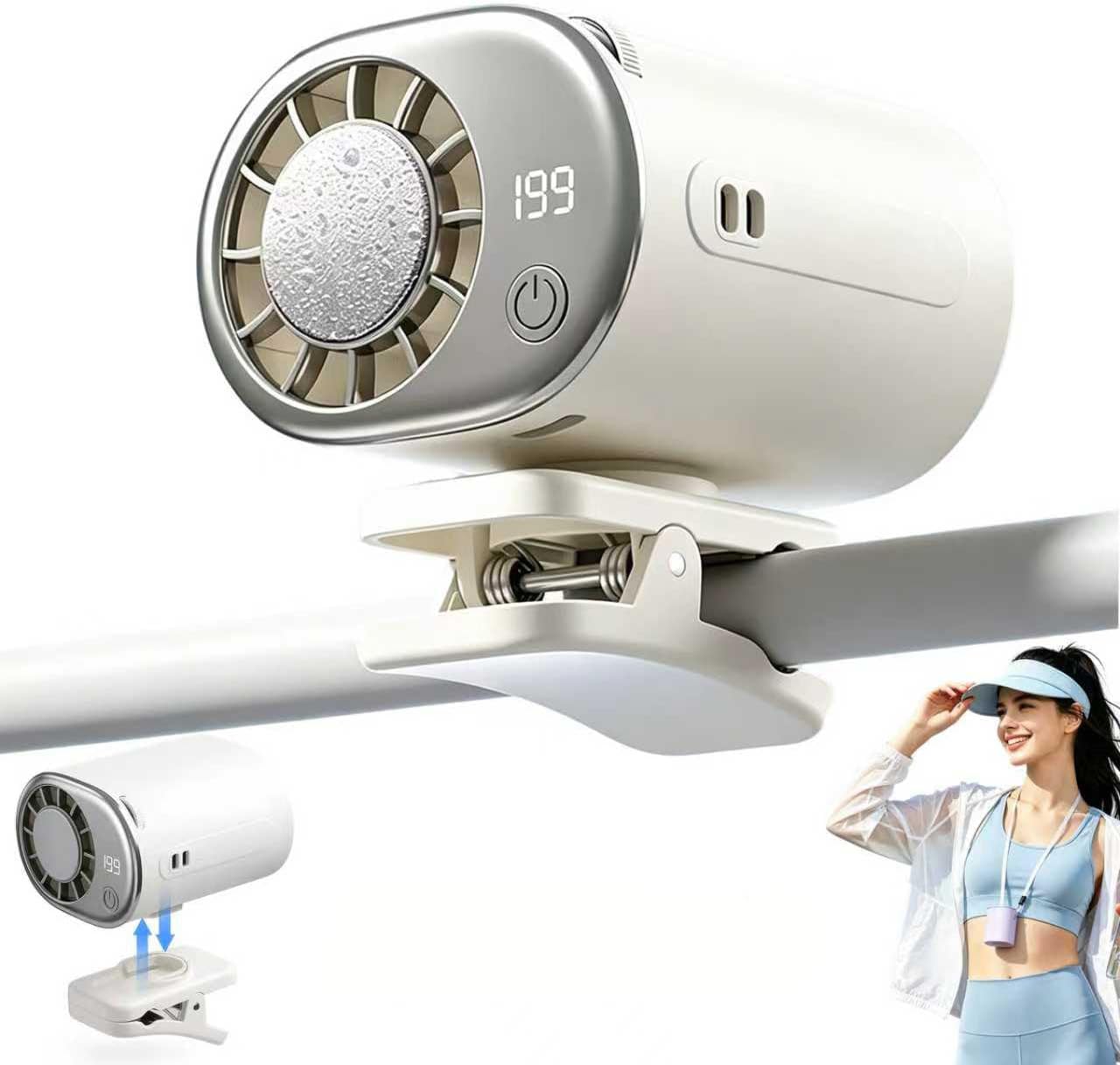 Car Clip on Cooling Fan, 360 rotating,16°c Semi-Cooling 199 Speeds LED, Portable Wearable Mini Fan for Back Seat, Hat, Collar, Lanyard, 2000mah Battery Powered Personal Cooling Unit (white)