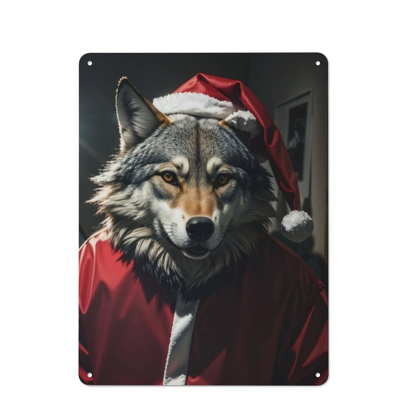 Wolf Santa Funny Rustic Metal Sign 40x30cm, Country Vintage Country Wall Plaque for Cottage, Kitchen, Hallway Or Breakfast Nook