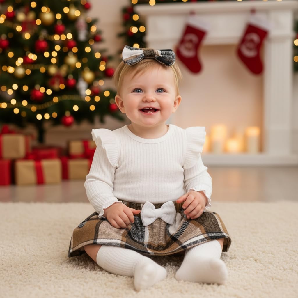 Weixinbuy Baby Girls Fall Outfits 3-Piece Set Long Sleeve Romper & Plaid Skirt Headband Soft Snap Closure 0-18M - Image 3