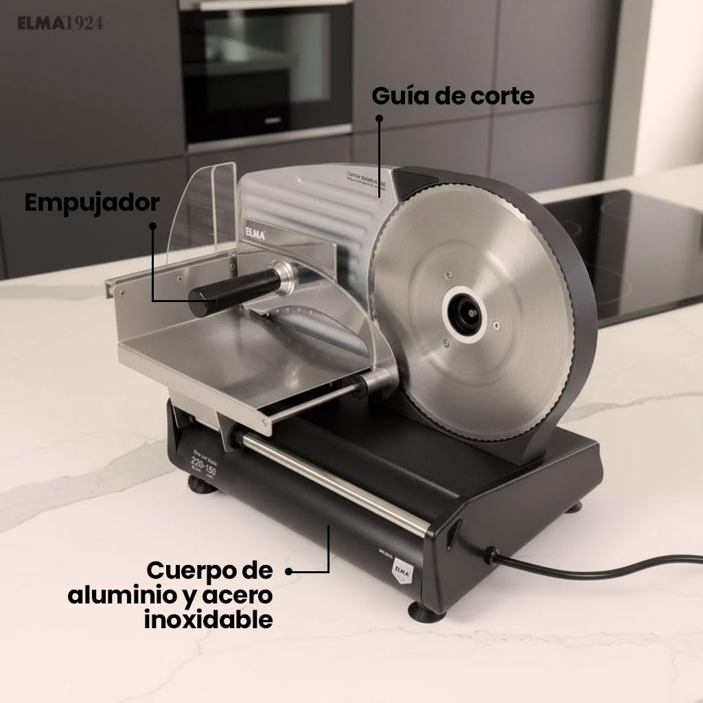 ELMA Cortafiambres Eléctrico CFD220 XL con Dos Cuchillas de Acero Inoxidable Ø220 mm | Cortadora de Fiambre Doméstica Ajustable 0-15 mm, Potente, Segura y Fácil de Limpiar