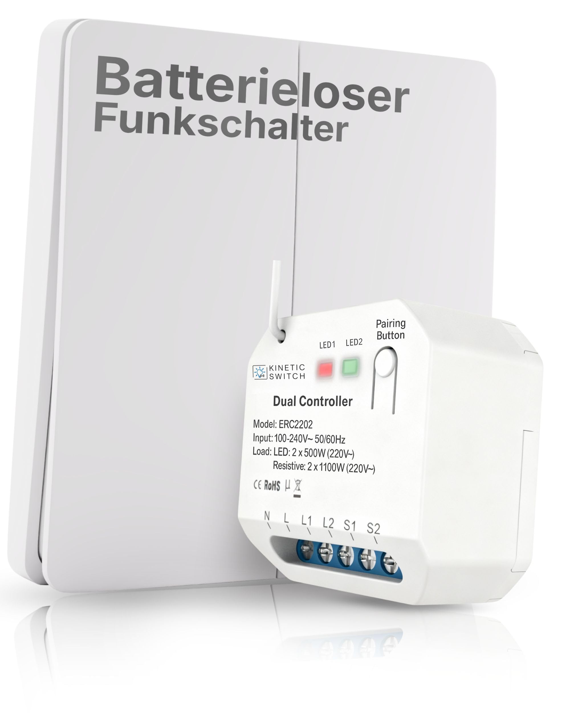 Hochwertiger Funkschalter 230V 2-Kanal Batterielos | Dual Funk Lichtschalter Set IP67 | 2-Fach Empfänger | 80m Reichweite | WLAN Schalter Alexa & Google