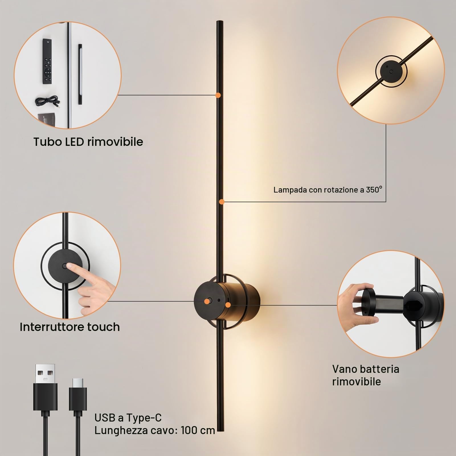 HARPER LIVING Applique da parete ricaricabile USB nera, lampada a batteria da 4000 mAh con telecomando e controllo touch, applique da parete LED dimmerabile con rotazione a 360°, 80 cm, senza fili