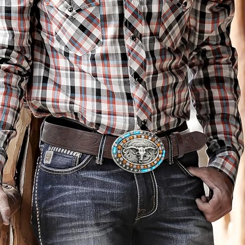 Western-Turquoise-Cowboy-Belt for Men Women with Longhorn Bull Buckle Belt for Jeans4