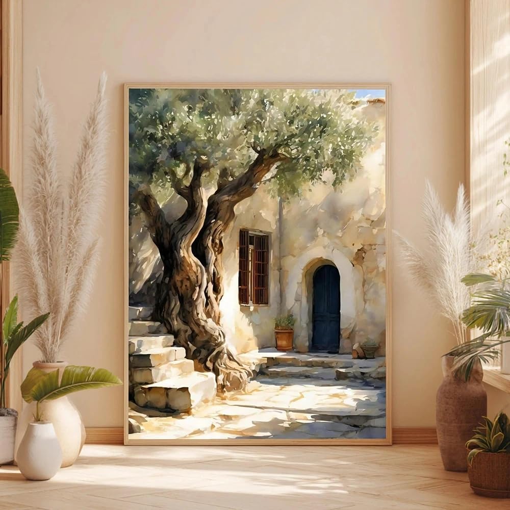 Dittelle Rustic Mediterranean courtyard canvas, olive tree wall art, sun-drenched stone stairs, vintage interior, canvas print(60x80cm/Frameless)
