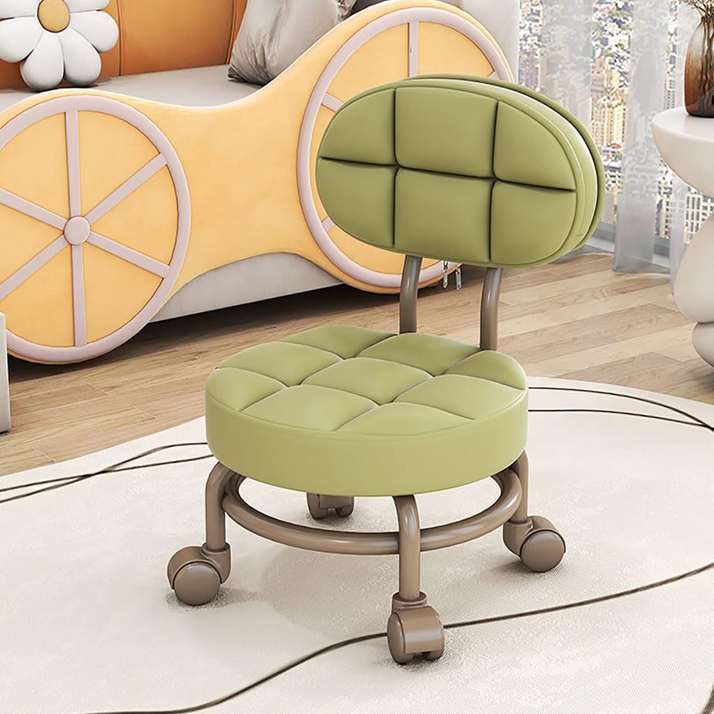 Low Roller Stool with 360° Swivel Wheels, Low-Height Short Rolling Stool Seat, PU Leather Small Mechanic Chair, Rolling Stools with Backrest for Pedicure, Garage, Shop, Library Green