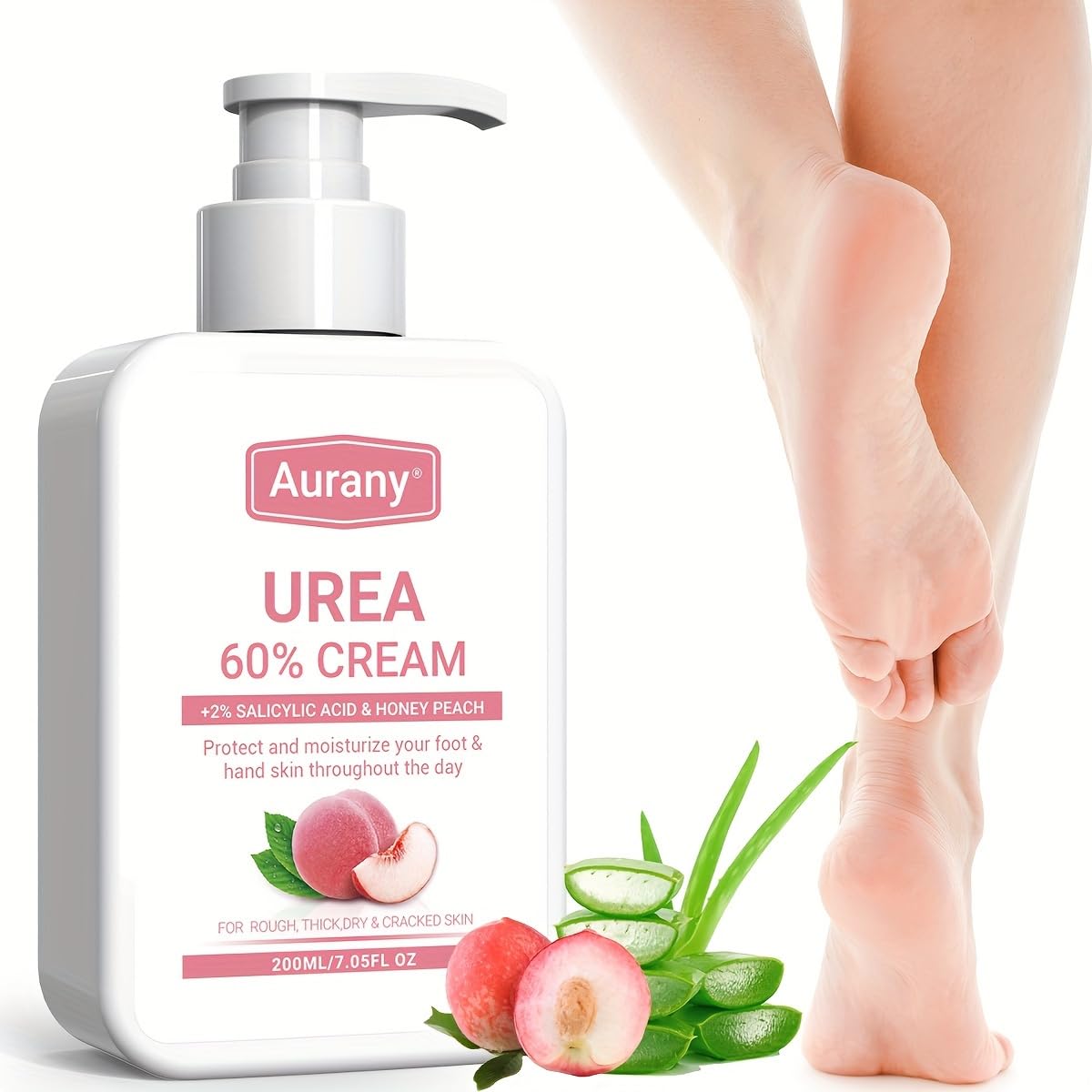 AHBeauty Aurany Honey Peach Urea Foot Cream 60% with 2% Salicylic Acid - Moisturizing Lotion for Dry, Cracked Skin, Alcohol-Free Formula with Strawberry Extract for All Skin Types