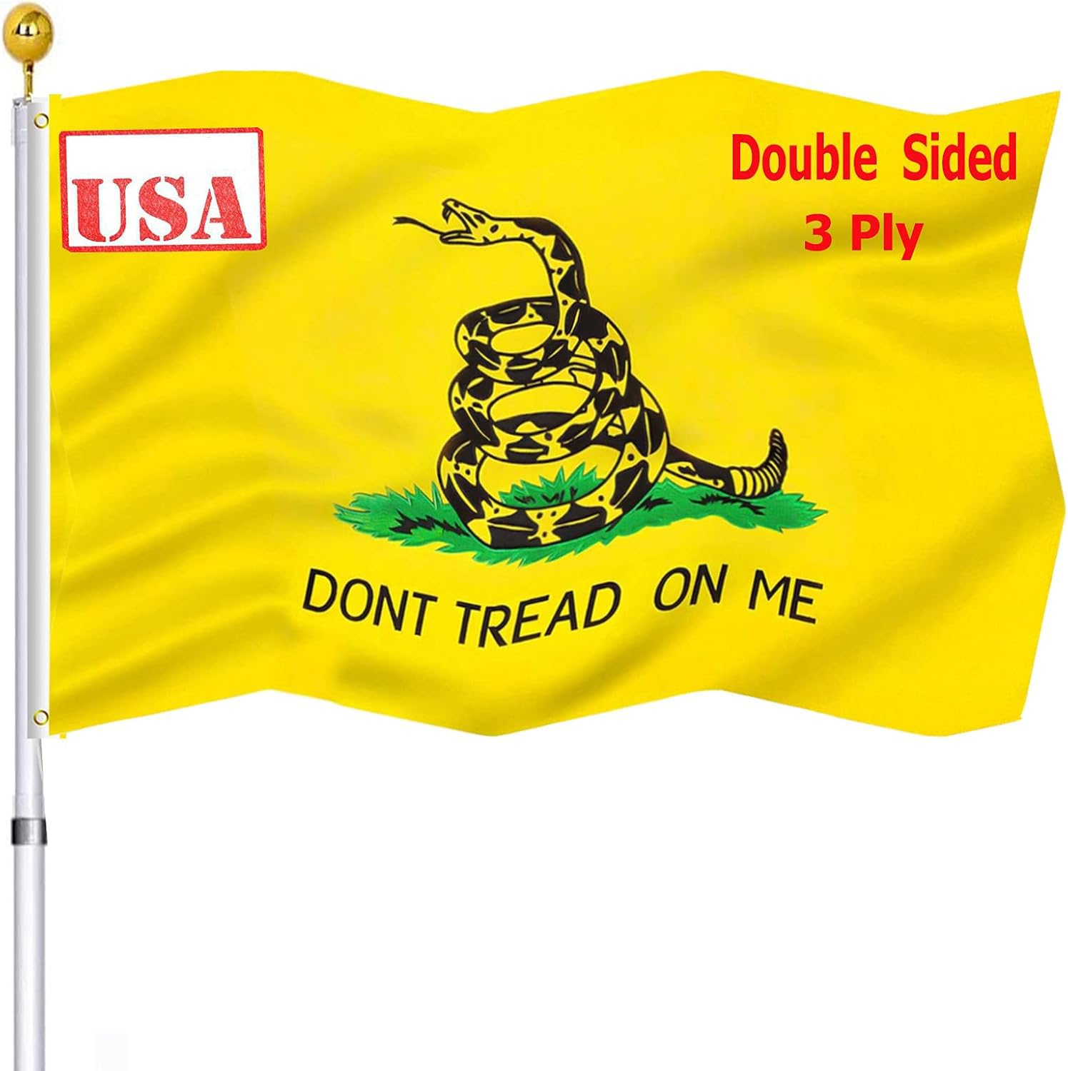 Don't Tread on Me Gadsden Flag 3x5 Outdoor Double Sided- Heavy Duty Dont Tread Libertarian Snake Flags Banner with 2 Brass Grommets for Outside