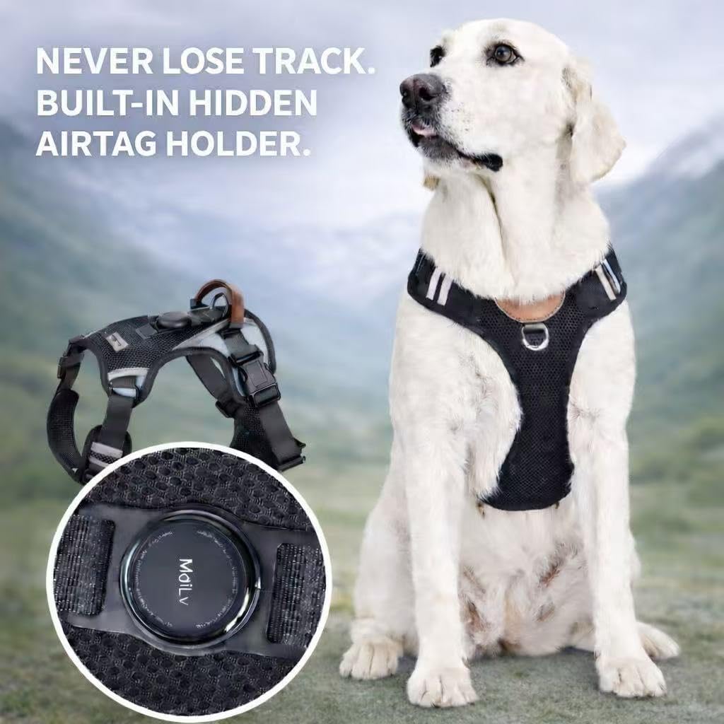 No Pull Dog Harness with Built-in AirTag Holder – Reflective Adjustable Vest for Safe, Stylish Daily Walks (Coffee Brown, Medium)
