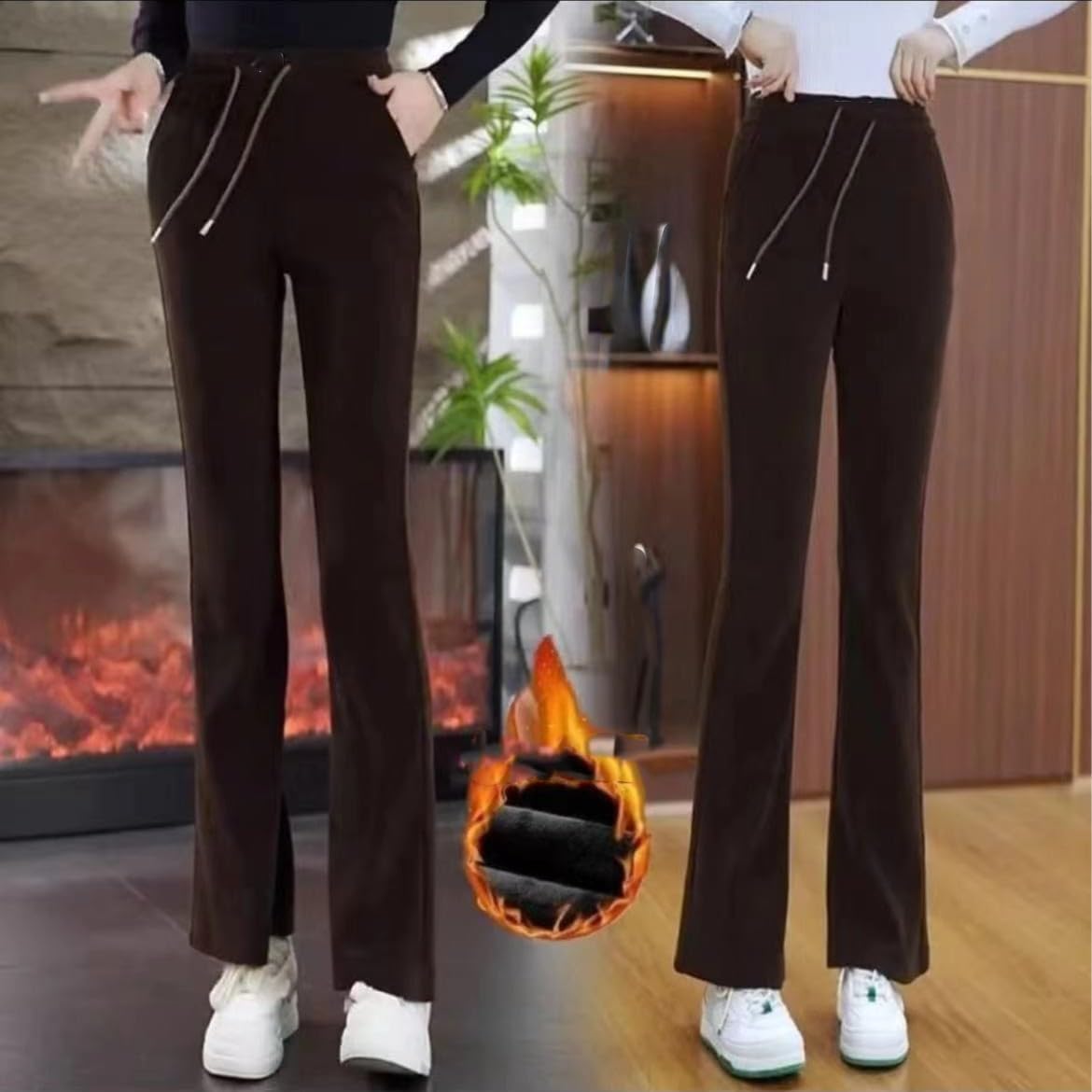 Women's Autumn Winter High-Waisted Fleece-Lined Warm Casual Pants