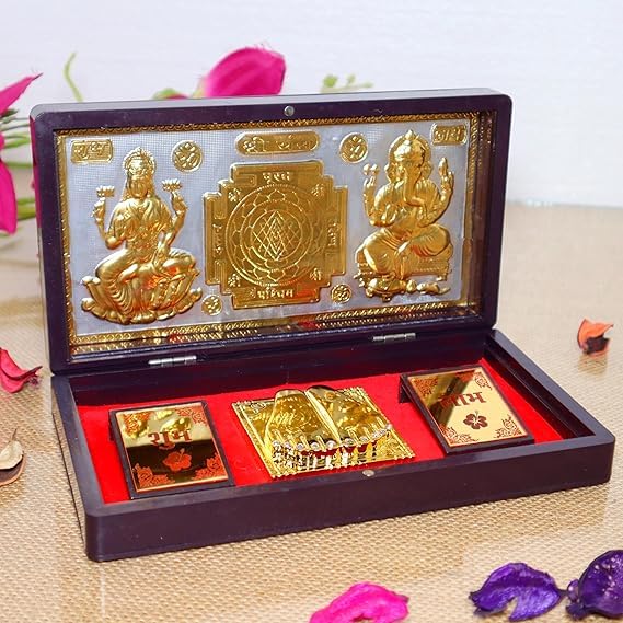 BLESSING DECOR Gold Plated Shree Dhan Laxmi Kuber Charan Paduka Yantra | Devotional Prayer Box | Wooden Momento Decorative Showpiece Box Packing| Diwali Gifting Charan Paduka (Laxmi Ganesh)-image-4